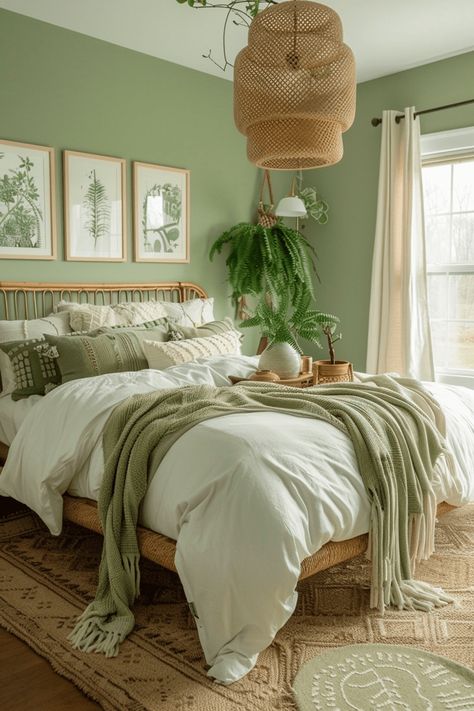 29 Green Boho Bedroom Ideas 15 Green Walls Bedroom, Green Boho Bedroom Ideas, Green Boho Bedroom, Light Green Bedrooms, Green And White Bedroom, Cosy Flat, Cosy Bed, Sage Green Bedroom, Boho Bedroom Ideas