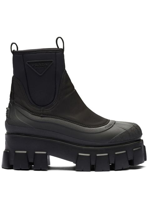 Prada Monolith Boots, Prada Monolith, Black Chunky Boots, Prada Collection, Shoes Outfit Fashion, Triangle Logo, Chunky Boots, Prada Shoes, Mid Calf Boots