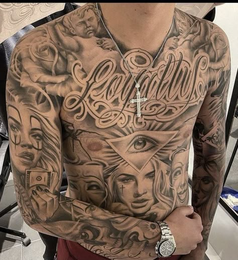 Mens Stomach Tattoo, Cholo Tattoo, Chest Tattoo Stencils, Arm Tattoos For Guys Forearm, Full Chest Tattoos, Egyptian Tattoo Sleeve, Torso Tattoos, Skull Sleeve Tattoos, Gangsta Tattoos