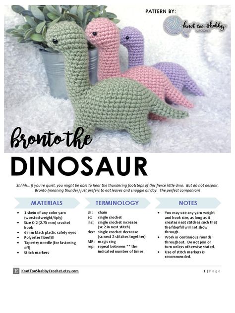 Crochet Dinosaur Patterns, Ornaments Crochet, Stitches Crochet, Easy Crochet Animals, Quick Crochet Patterns, Crochet Dinosaur, Mode Crochet, Pola Amigurumi, Crochet Animals Free Patterns