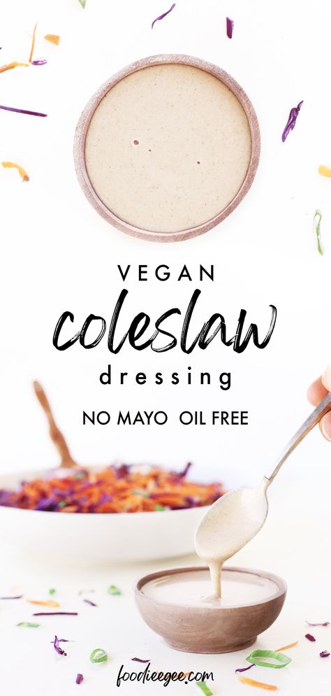 Easy homemade oil free no mayo coleslaw salad dressing recipe with apple cider vinegar & tahini. How to make healthy vegan coleslaw w' red cabbage & carrot for best ever coleslaw without oil, dairy free, gluten free, keto, paleo for vegan pulled pork #vegandressing #coleslawsalad #keto #howtomake #applecidervinegar #easy #nomayo #creamydressing #dairyfree #oilfree #bestcoleslaw #rawvegan #tahini #tahinidressing #raw #saladdressing #vegansauce #vegansalad #healthysalad #healthydinner #paleo Vegan Coleslaw Recipe No Mayo, Oil Free Coleslaw Dressing, Vegan Mayo Dressing, Dairy Free Coleslaw Dressing, Vegan Coleslaw No Mayo, Vegan Slaw Dressing, Oil Free Salad Dressing Vegan, Oil Free Dressing Vegan, Paleo Coleslaw Dressing