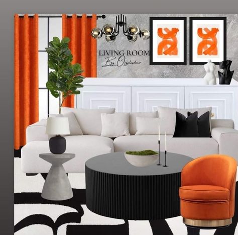 Beige Black And Orange Living Room, Black Cream Orange Living Room, Black White Orange Living Room, Black White And Orange Living Room, Black White Gray Orange Living Room, Orange And Black Living Room Decor, Black And Orange Living Room Ideas, Orange And Cream Living Room, Orange Chairs Living Room