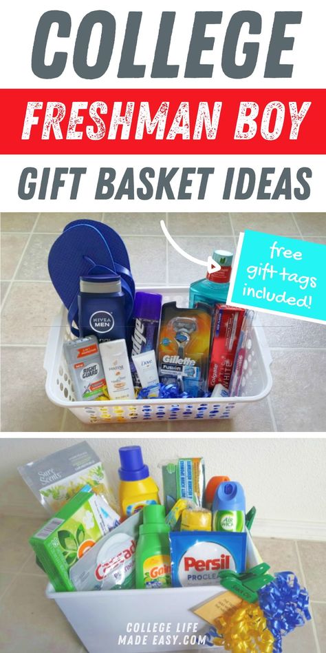 useful gift basket ideas for incoming college freshmen guys. 3 DIY gifts with free printable gift tags Gift Baskets For College Students, College Student Gift Basket, College Gifts For Guys Care Packages, Back To College Gift Basket, College Boy Easter Basket Ideas, College Survival Kit For Guys, Graduation Basket Ideas For Guys, College Gift Ideas, College Gift Basket For Boys