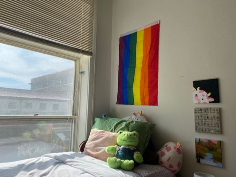 dorm ncssm aesthetic inspo inspiration build a bear frog squishmallow cow pink queer lesbian gay flag paintings painting ideas white bedding green bedding unc chapel hill durham nc dorm ideas Lesbian Dorm Room Ideas, Bedroom With Pride Flag, Pink Build A Bear Frog Aesthetic, Build A Bear Rainbow Frog, Room With Lesbian Flag, Frog Squishmallow, Build A Bear Frog, Bedding Green, Unc Chapel Hill