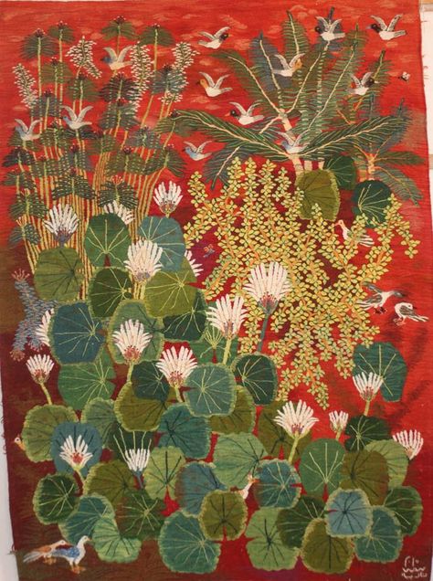 Lotus Flowers, 2016, Nadia Mohamed, Wool Tapestry, Ramses Wissa Wassef Art Centre, 2014, 1.87 x 1.33 meters Wool Tapestry, Art Centre, Nile River, Lotus Flowers, Village Life, Japanese Prints, Tapestry Weaving, Botanical Illustration, Artist Art