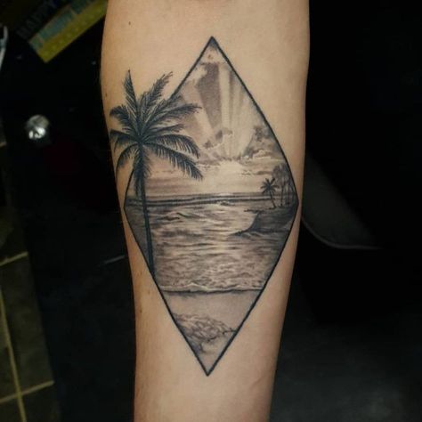 Sunset And Sea Tattoo, Beach Triangle Tattoo, Maldives Tattoo, Hawaii Tattoo Men, Sea Sunset Tattoo, Beach Tattoo Design, Beach Sunset Tattoo, Beach Scene Tattoo, Well Tattoo