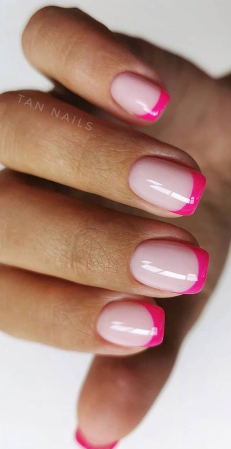 Pretty French Manicure With Colour Line Ideas 1 - Fab Mood | Wedding Colours, Wedding Themes, Wedding colour palettes French Nail With Color Tip, French Polish With Coloured Tips, Hot Pink Nail Tips French, Short Coloured Tip Nails, Colour French Nails Tips, Neon Pink French Tip Nails Short, Colored Nails With French Tip, Coloured Tipped Nails, Bright Tip Nails