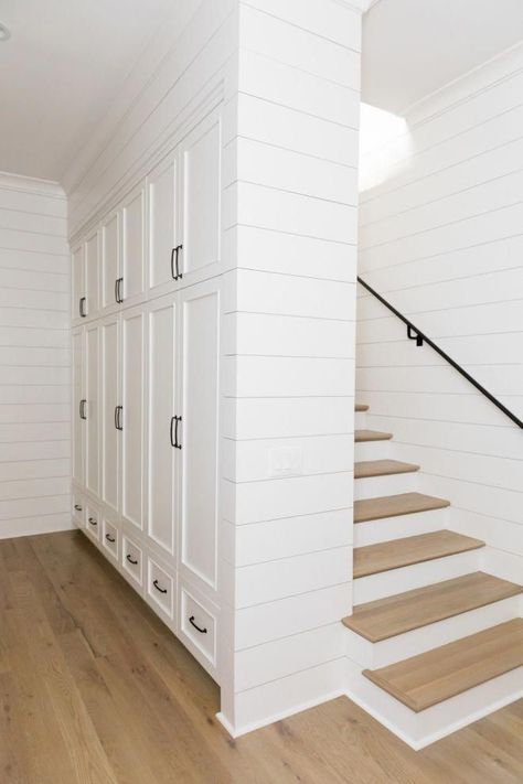 Shiplap Going Up The Stairs, Shiplap Mudroom, Modern English Farmhouse, Basement Decoration, Dream Basement, Mudroom Ideas, Basement Inspiration, Basement Living Rooms, Mudroom Design