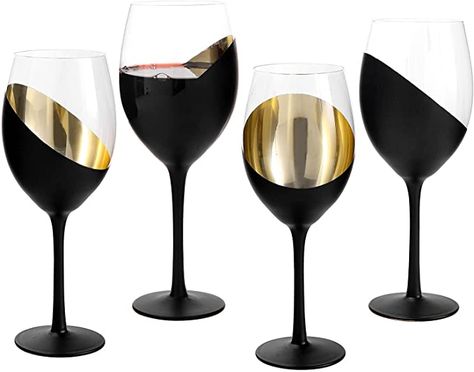 Amazon.com | MyGift 14 oz Modern Matte Black & Gold Stemmed Titled Design Elegant Wine Glasses, Set of 4: Wine Glasses Black Wine Glasses, Gold Wine Glasses, Elegant Wine Glasses, Elegant Wine, Elegant Dinner, Wine Glass Set, Stemless Wine Glasses, Wine Chiller, Champagne Glasses