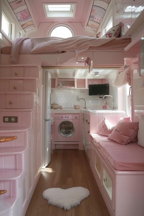 Pink Van Conversion, Pink Camper Van Interior, Pink Camper, Pink Trailer, Beautiful Dorm Room, Tiny House Camper, Girly Apartments, House Flippers, Vintage Camper Remodel