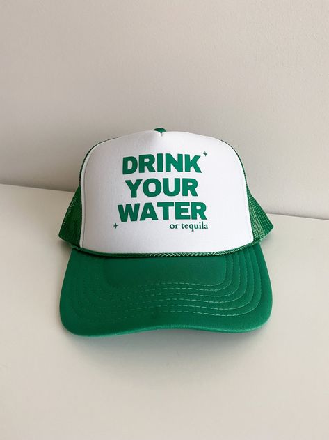 Trucker Hat Designs, Hat Outfit Men, Trucker Hat Outfit, Drink Your Water, Custom Fitted Hats, Hat Outfit, Hat Ideas, Graphic Apparel, Outfits With Hats