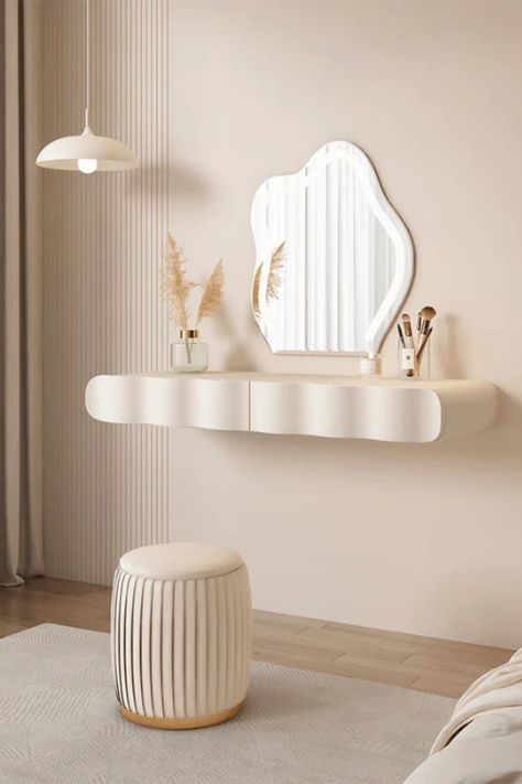 Makeup Corner In Bedroom Small Spaces, Makeup Vanity Floating, Floating Vanity Bedroom, Floating Vanity Table, Floating Vanity Makeup, Floating Dressing Table, Wall Mounted Dressing Table, Wall Mounted Makeup Vanity, Floating Makeup Vanity