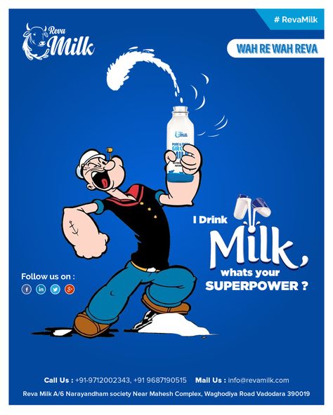 I drink milk. whats your superpower?  Free home delivery in Vadodara.  To buy Reva A2 Milk Call us at : +91-9712002343 #revamilk #a2 #milk #a2milk #a2milkindia #drink #superpowers #free #homedelivery #ThursdayMotivation #thursdaymorning #vadodara #India Milk Poster Design Ideas, Milk Advertising Creative, Milk Advertisement, Milk Advertising, A2 Milk, Health Ads, Whats Your Superpower, Buddha Tattoo, Portfolio Presentation