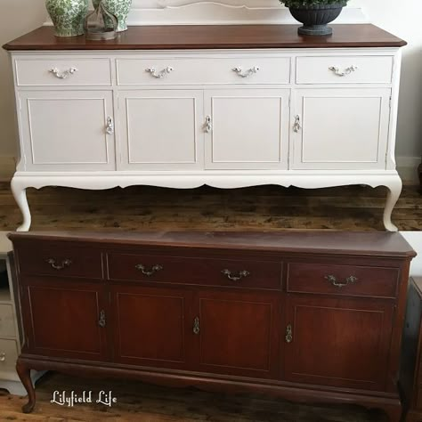 before and after french sideboard painted white with natural wood top Wood And White Furniture, French Provincial Sideboard, Sideboard Makeover, French Sideboard, White Buffet, Painted Sideboard, White Sideboard, Household Furniture, Furniture Renovation