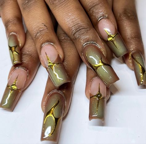 Jade Color Nails Acrylic, Earthy Nail Inspiration, Earthy Gel X Nails, 2014 Nails Aesthetic, Brown And Green Nails Acrylic, Earthy French Tip Nails, Gold Airbrush Nails, Olive And Brown Nails, Earthy Color Nails