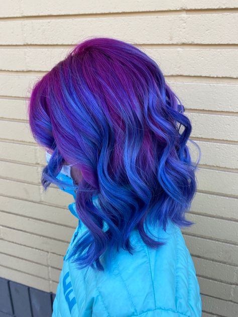 Blue Based Purple Hair, Bright Blue And Purple Hair, Electric Blue And Purple Hair, Purple Into Blue Hair, Vivid Colour Hair, Blue And Purple Ombre Hair Short, Purple And Blue Hair Ombre, Hair Color Ideas Purple And Blue, Ombre Hair Color Blue Purple