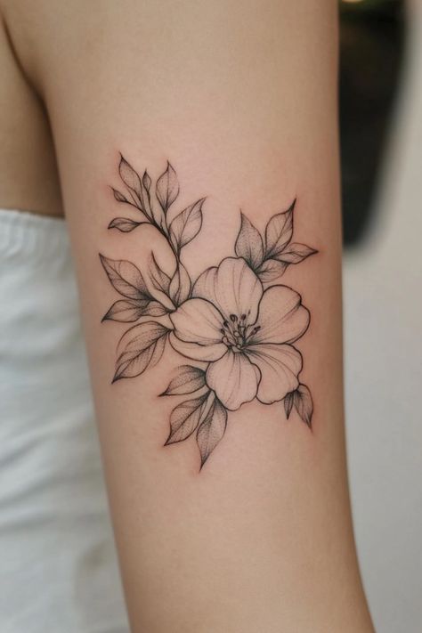 Black and grey flower tattoo with leaves on upper arm. Flower Pattern Tattoo Design, Small Blossom Tattoo, Small Tattoo Flower, Elegant Flower Tattoo, Blooming Flower Tattoo, Dogwood Flower Tattoo, Arm Flower Tattoo, Floral Tattoo Ideas, Daisy Chain Tattoo