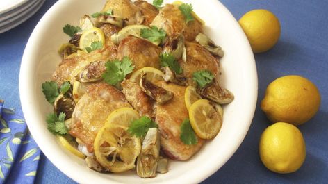 Baked Chicken Thighs with Artichoke Hearts and Lemon Pickles Chicken Recipes Thighs, Sara Moulton, How To Cook Artichoke, Lemon Pickle, Preserved Lemons, Baked Chicken Thighs, Artichoke Hearts, Baked Chicken Recipes, South Asia