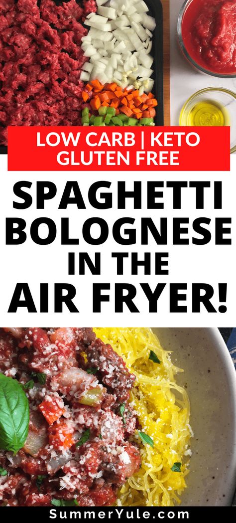 Can you cook spaghetti Bolognese in an air fryer? Yes! This air fryer spaghetti Bolognese is gluten free, low carb, keto, and dairy free! Air Fryer Minced Beef, Air Fryer Minced Beef Recipes, Air Fryer Spaghetti, Bolognaise Recipe, Airfryer Keto, Spaghetti Bolognese Sauce, Pressure Cooker Spaghetti, Air Fryer Recipes Pork, Spaghetti Bolognese Recipe