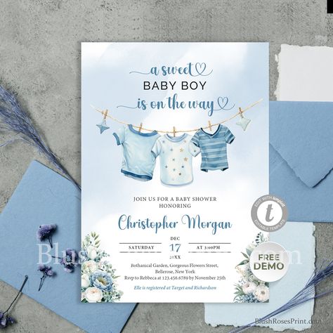 Boy Baby Shower Invitation Baby Clothes Invite A sweet baby boy is on the way Laundry Blue Greenery Editable Printable Download DIY Baby Shower Invitations Templates, Laundry Blue, Baby Shower Invitation Boy, Blue Baby Shower Invitations, Baby Shower Invitations Design, Baby Shower Theme Decorations, Winter Girl, Invitation Ideas, Blue Baby Shower