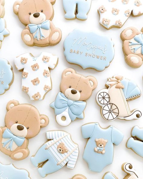 Baby Shower Cookies Boy, Teddy Bear Baby Shower Cookies, Bear Baby Shower Cookies, Baby Shower Oso, Teddy Bear Baby Shower Theme, Bear Baby Shower Cake, Baby Boy Cookies, Teddy Bear Cookies, Baby Shower Sweets