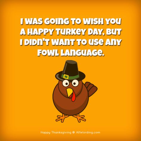 I was going to wish you a Happy Turkey Day, but I didn't want to use any fowl language. Thanksgiving Card Messages, Funny Thanksgiving Pictures, Happy Thanksgiving Funny, Happy Thanksgiving Friends, Happy Thanksgiving Cards, Thanksgiving Quotes Funny, Thanksgiving Jokes, Fowl Language, Happy Quotes Funny