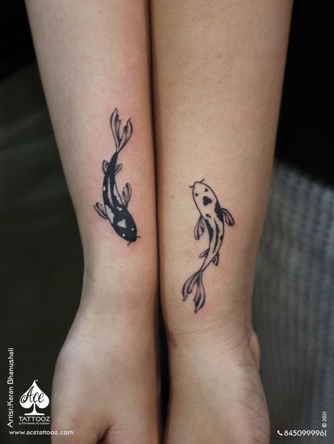 Matching Koi Fish Tattoo, Koi Fish Tattoo Meaning, Matching Sister Tattoos, Saved Tattoo, Sibling Tattoos, Koi Tattoo, Elbow Tattoos, Koi Fish Tattoo, Arm Band Tattoo