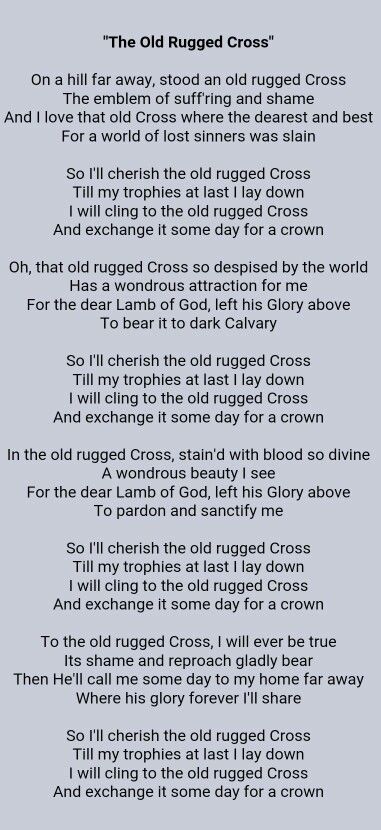 Old rugged cross 💜 Old Rugged Cross Lyrics, Hymns Lyrics Quotes, Hymn Lyrics, The Old Rugged Cross, Gospel Song Lyrics, Hymn Sheet Music, Hymn Music, Worship Lyrics, Church Songs