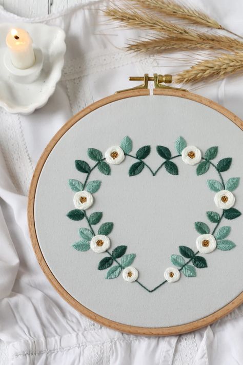 Wreath Heart Hand Embroidery Pattern Wedding Floral Border | Etsy Portrait Embroidery Tutorial, Gift Embroidery Ideas, Hand Embroidery Patterns Flowers Drawings, Hand Embroidery Quotes, Wedding Embroidery Gifts, Embroidery Flower Wreath, Heart Embroidery Patterns, Embroidery Wedding Gifts, Floral Embroidery Patterns Templates