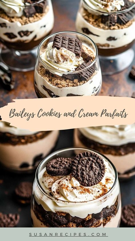 Who needs cake when you can have Baileys Cookies and Cream Parfaits? 🙌🍪 A dessert that’s classy, boozy, and oh-so-delicious! 🥂✨ #DessertInAJar #BaileysLovers #CookiesGalore #ParfaitGoals #NoBakeGoodness #SweetSpoonfuls #ElegantDesserts #QuickAndEasyDesserts #BaileysInspired #SweetMoments #IndulgenceInEveryBite Baileys Cookies And Cream Parfait, Baileys Chocolate Mint Pudding Parfaits, Boozy Dessert Shooters, No Bake Parfait Desserts, Dessert In Champagne Glasses, Classy Desserts For Parties, Mini Truffle Desserts, Bailey Dessert Recipes, Mini Trifles Desserts