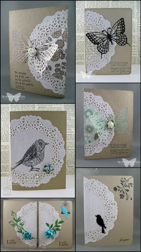 Paper lace doily cards, birds & butterflies Dollies Crafts Paper, Paper Doily Cards, Lace Cards Ideas, Paper Dollies Christmas Crafts, Diy Paper Doilies, Doily Valentine Cards, Doily Cards Handmade, Cards With Doilies, Crafts With Paper Doilies