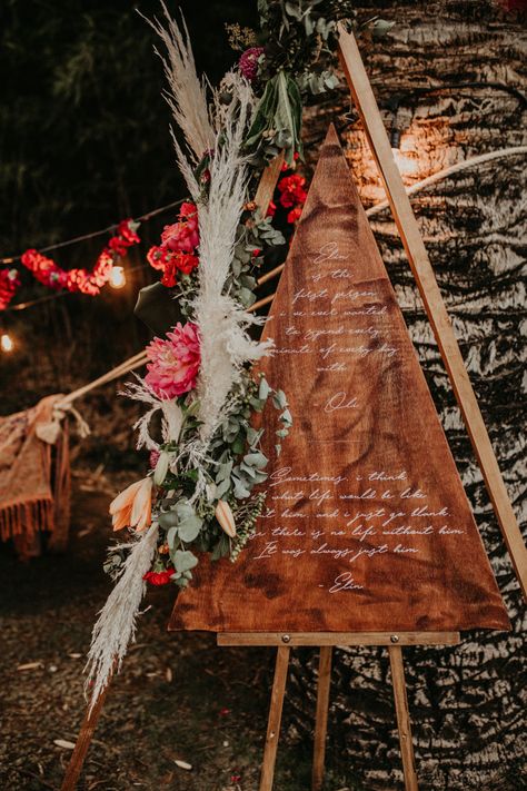 Bohemian triangle welcome board Latin Inspired Wedding, Welcome Board, Fiesta Wedding, Eclectic Wedding, Sustainable Wedding, Contemporary Wedding, Wedding Planning Advice, Stained Wood, Wedding Signage