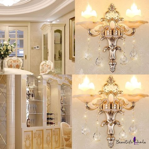 I like this. Do you think I should buy it? Gold Wall Lights, Crystal Candelabra, Sconces Living Room, Wall Lamps Living Room, Diy Jar, Wall Light Fixture, Wall Mounted Lamps, Glass Wall Lights, Hanging Crystals