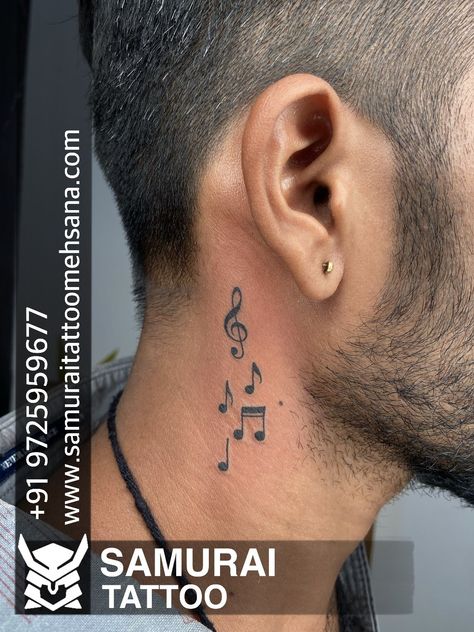 Music Notes Neck Tattoo, Music Neck Tattoo Men, Neck Music Tattoo, Music Tattoo Ear, Music Notes Tattoo Behind Ear, Neck Tattoo Music, Music Behind Ear Tattoo, Music Note Tattoo For Men, Small Tattoos Neck