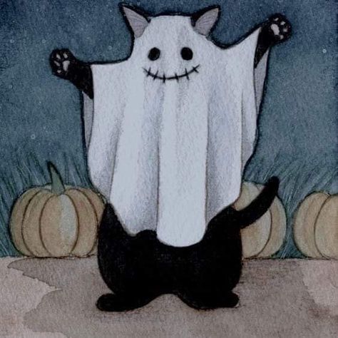 A Ghost, A Cat, A Black, Pumpkins, Ghost, Halloween, White, Black