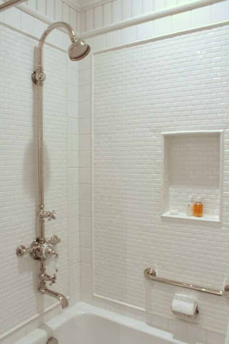 Gorgeous Variations on Laying Subway Tile White Shower Tile, Exposed Plumbing, Beveled Subway Tile, Subway Tile Showers, Tiled Bathroom, Tile Layout, House Bathrooms, Cottage Bathroom, Shower Niche