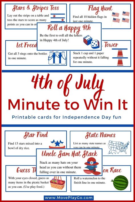 4th of July Minute To Win It Cards Pin Patriotic Minute To Win It Games, 4 Th Of July Party Games, 4th Of July At Home With Kids, Fun Things To Do At Home For 4th Of July, 4th Of July Team Building, 4th Of July Activity Days Lds, 4th Of July Movement Cards, Fourth Of July Activities For Teens, 4 Th Of July Activities For Kids