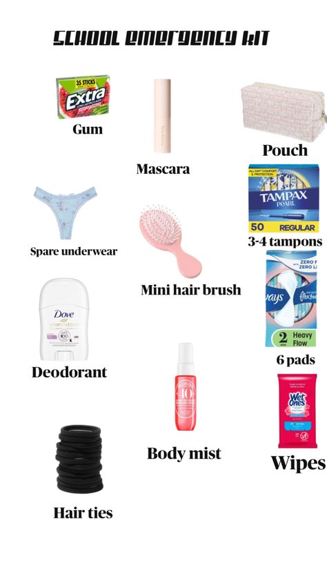 School Emergency Kit, Extra Gum, Emergency Kit, Body Mist, Hair Brush, Hair Ties, Deodorant, Gum, Pouch