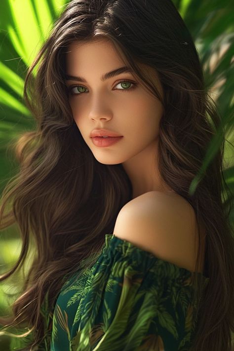 Long Dark Hair Green Eyes, Girl With Brown Hair And Green Eyes, Brunettes With Green Eyes, Green Eyed Brunette, Character Inspiration Woman, Green Eyes Brunette, Brunette With Green Eyes, Forest Green Eyes, Dark Hair Green Eyes