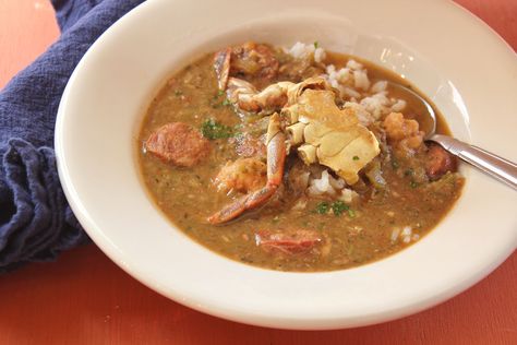 Shrimp, Crab and Okra Gumbo is yet another style of New Orleans gumbo. Crab Gumbo, Gumbo Recipe Okra, Gumbo Recipe Easy, Okra Gumbo, Gumbo Recipe Sausage, Shrimp Gumbo, Kitchen Aid Recipes, Seafood Gumbo, Okra Recipes