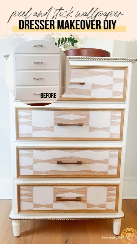 Wallpaper On Drawer Fronts, Dresser With Wallpaper Drawers, Using Peel And Stick Wallpaper, Wallpaper Drawers, Dresser Makeover Diy, Wallpaper Dresser, Diy Daybed, Wooden Trim, Diy Dresser Makeover