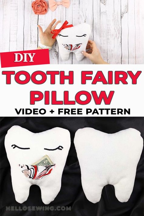 Learn how to make tooth fairy pillow in just minutes. Watch our video tutorial and get the free tooth fairy pillow sewing pattern to sew your very own today! Make the kids happy with this cute DIY tooth pillow. Diy Tooth Fairy Pillow, Toothfairy Pillow, Cat Pillow Pattern, Tooth Fairy Pillow Pattern, Pillow Sewing, Diy Tooth Fairy, Tooth Pillow, Diy Teething, Cute Tooth