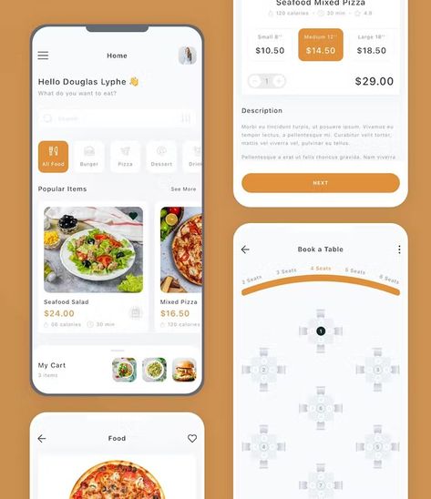 Food & Table Booking Mobile App User Interface Kit PSD Mix Pizza, App User Interface, Seafood Mix, Cooking App, App Ideas, Booking App, Book Table, Progress Bar, Dessert Pizza