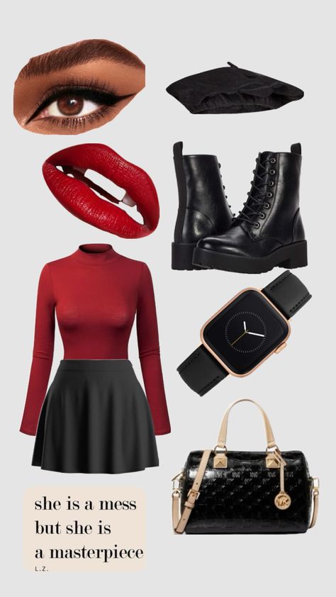 Red shirt, black skirt Red Shirt Outfits, Winter Fashion Outfits Casual, Red Shirt, Winter Fashion Outfits, Black Skirt, Shirt Outfit, Black Shirt, Winter Fashion, Casual Outfits