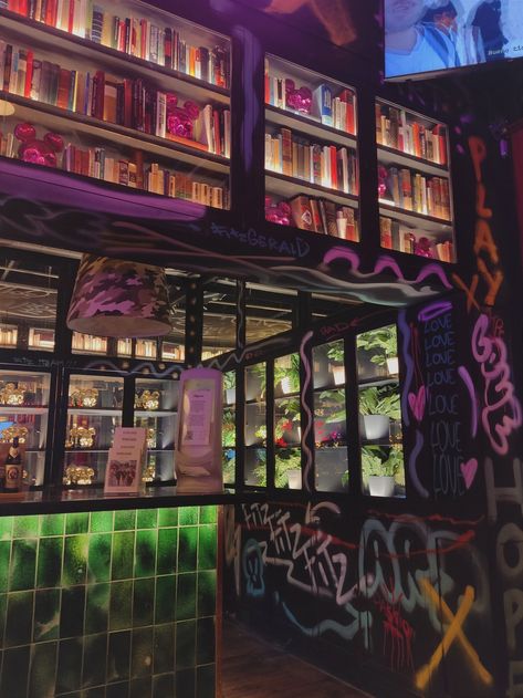 interior design, neon colors, bar, restaurant, instagrameable, bookshelf, skater vibes Skater Vibes, Bar Restaurant, Neon Colors, Graffiti, Neon, Restaurant, Interior Design, Bar, Design