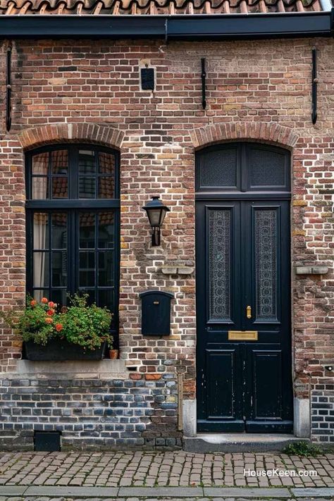 This concept features a classic brick house exuding timeless charm. The black door and matching black window frames create a bold contrast against the warm brick exterior. Brick House With Black Door, House With Black Door, Beautiful Mansions, Buy A Tiny House, Black Window Frames, Black Window, Brick Exterior, Brick Exterior House, Black Door