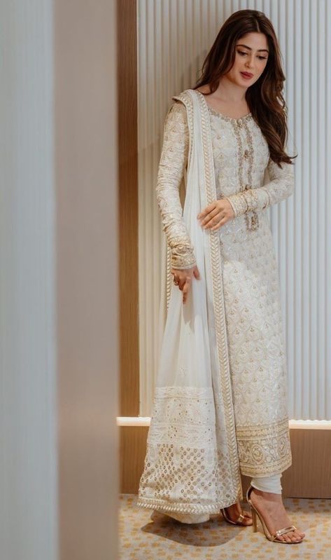 Sajal Ali In White Dress, Sajal Aly Dresses, Pak Suits, Suits For Women Indian, Sajal Aly, Trendy Outfits Indian, Traditional Attires, Sajal Ali, Outfits Indian