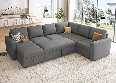 HONBAY Modular Sectional Sleeper Sofa with Pull Out Bed, U Shaped Sectional Couch with Storage Ottoman Convertible 7-Seater Sofa, Dark Grey Sofa Arrangement, Pull Out Sleeper Sofa, L Shaped Couch, Pull Out Bed, Sectional Sleeper Sofa, Modern Sofa Sectional, U Shaped Sectional, Sofa Couch Bed, Modern Sectional