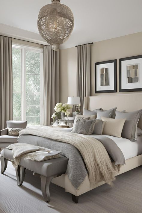 Bedroom Inspirations Color Palettes, Gray And Beige Bedding, Grey And Beige Bedding, Beige And Grey Bedding, Grey And Beige Decor, Brown Gray Bedroom, Gray Comforter Bedroom Ideas, Cream Grey Bedroom, Grey And Tan Bedroom