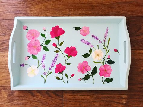 Hand Painted wood tray Painted Wood Tray, Painted Wooden Trays Ideas, Painted Wood Box Ideas, Wood Tray Painting Ideas, Wooden Tray Painting Ideas, Tray Painting Ideas, Painted Trays Ideas, Hand Painted Trays, Painted Kettle